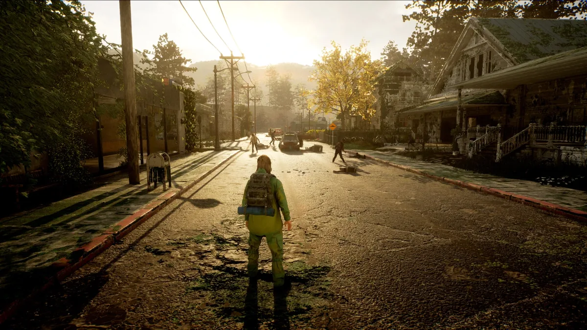 DeadLived in-game screenshot — a survivor walking down an abandoned street at sunset